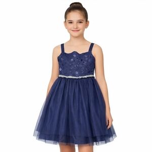 Tween Bonnie Jean Navy Blue Floral Applique` Dress 14 Formal Occasion